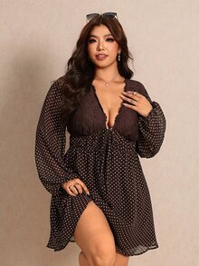 Elaquor 大尺碼女款對比蕾絲深V領燈籠袖波點圖案性感洋裝 - 棕色 - 查看 6