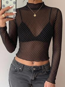SHEIN EZwear 女款波點立領休閒百搭日常穿搭上衣 - 黑色 - 查看 8