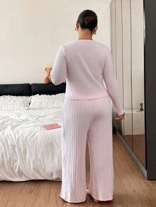 Napfluff CURVE Napfluff CURVE Plus Size Women's Contrast Lace Bow Decor Long Sleeve Top And Pants Pajama Set - Pink - View 2