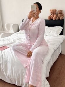 Napfluff CURVE Napfluff CURVE Plus Size Women's Contrast Lace Bow Decor Long Sleeve Top And Pants Pajama Set - Pink - View 1