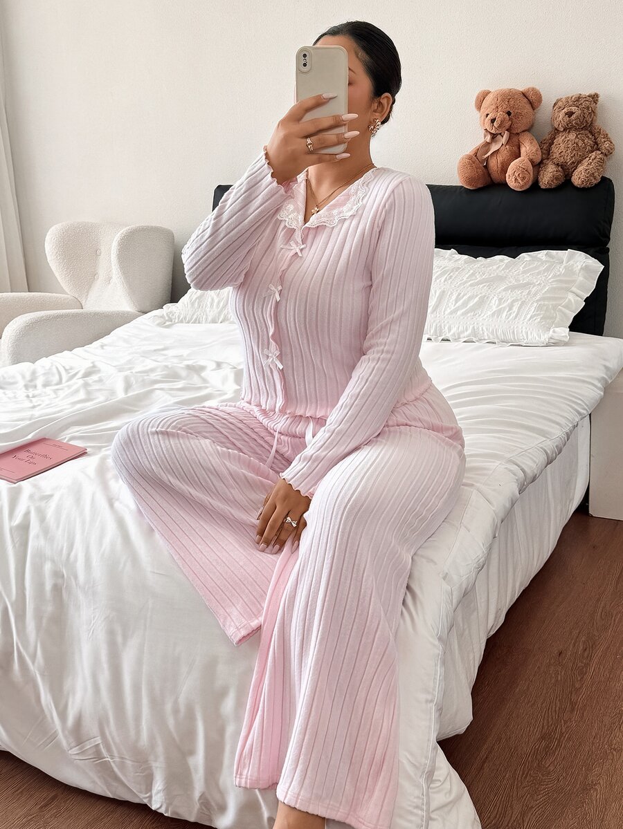 Napfluff CURVE Napfluff CURVE Plus Size Women's Contrast Lace Bow Decor Long Sleeve Top And Pants Pajama Set - Pink - View 1