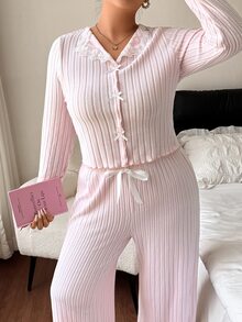 Napfluff CURVE Napfluff CURVE Plus Size Women's Contrast Lace Bow Decor Long Sleeve Top And Pants Pajama Set - Pink - View 5