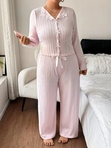 Napfluff CURVE Napfluff CURVE Plus Size Women's Contrast Lace Bow Decor Long Sleeve Top And Pants Pajama Set - Pink - View 3