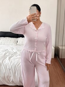 Napfluff CURVE Napfluff CURVE Plus Size Women's Contrast Lace Bow Decor Long Sleeve Top And Pants Pajama Set - Pink - View 6