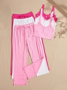 Snug Zone 3 Sets Women Lace Trim Backless Top And Drawstring Straight Leg Casual Pants Pajama Set - Multicolor - View 4