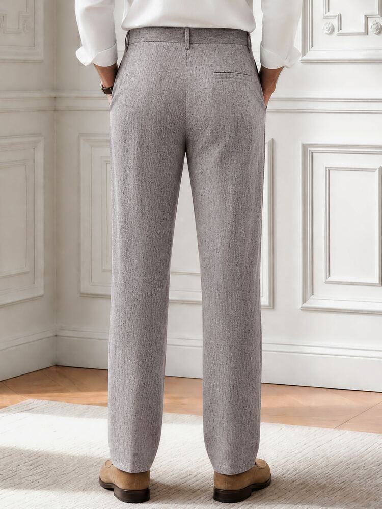 Core Aspect Men's Linen-Like Textured Mid-Waist Pleated Zipper Straight Leg Trousers, Lightweight Business Casual Vintage Commuter Long Pants - Brown - View 2