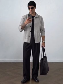 HUEFORM 男士成熟休閒風灰色領口鈕扣長袖大衣，適合萬聖節、聖誕節 - 淺灰色 - 查看 5