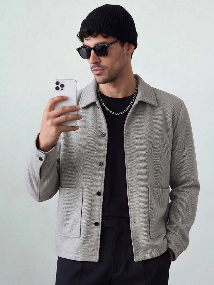 HUEFORM Men's Mature Casual Style Gray Collared Button Up Long Sleeve Overcoat,Dual-Pocket Design Unlined ,
Suitable For Everyday Styling And Autumn Outfits - Light Grey - View 4