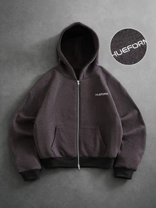 HUEFORM Men's Old Money Embroidered Letter Zip-Up Hooded ,Fabric With A Sweatshirt-Like Texture For Warmth; A Two-Way Zipper Adds A Stylish Touch For Men - Grey - View 3