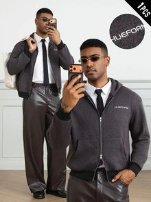 HUEFORM Men's Old Money Embroidered Letter Zip-Up Hooded ,Fabric With A Sweatshirt-Like Texture For Warmth; A Two-Way Zipper Adds A Stylish Touch For Men - Grey - View 5
