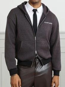 HUEFORM Men's Old Money Embroidered Letter Zip-Up Hooded ,Fabric With A Sweatshirt-Like Texture For Warmth; A Two-Way Zipper Adds A Stylish Touch For Men - Grey - View 1
