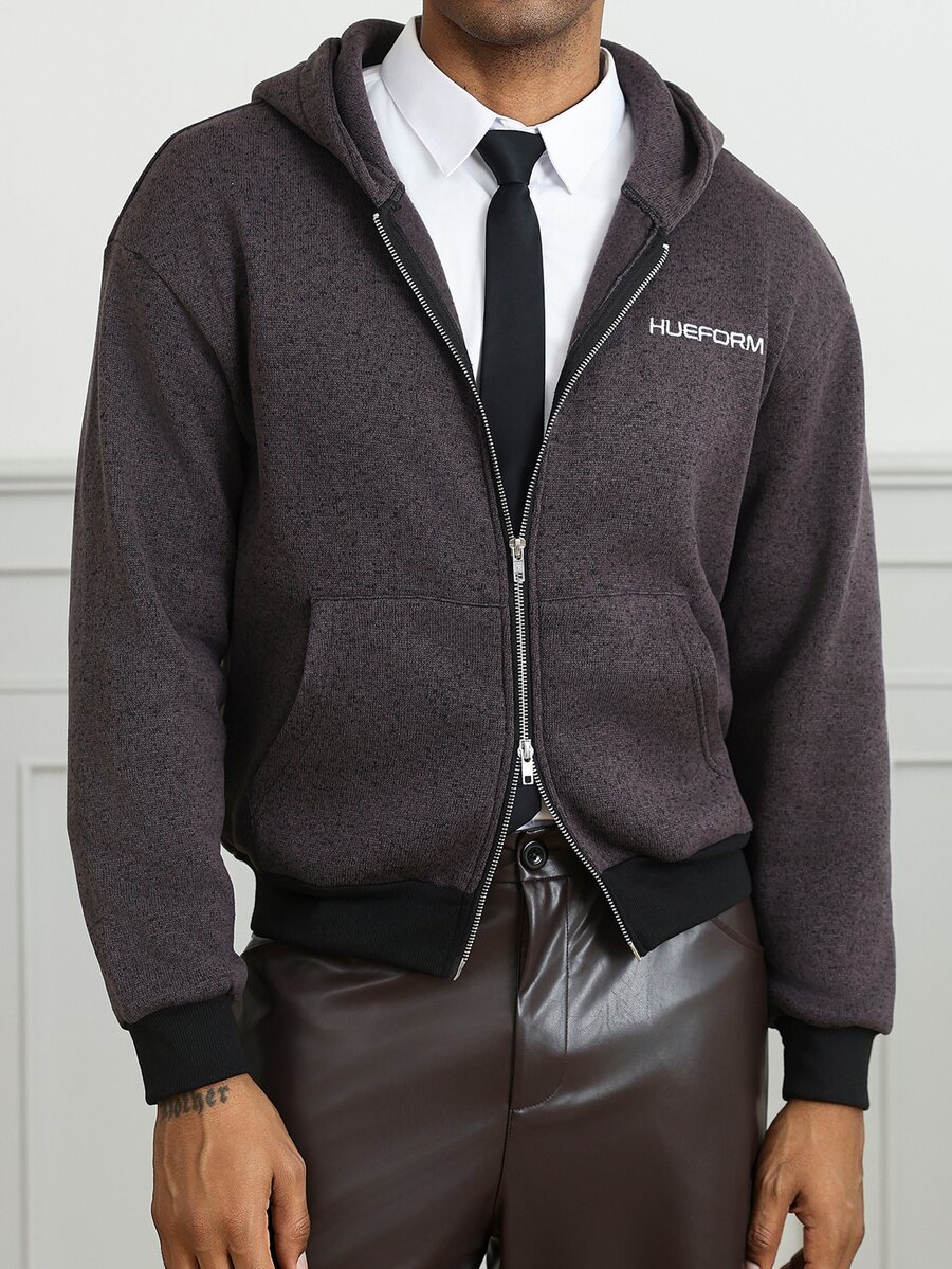 HUEFORM Men's Old Money Embroidered Letter Zip-Up Hooded ,Fabric With A Sweatshirt-Like Texture For Warmth; A Two-Way Zipper Adds A Stylish Touch For Men - Grey - View 1