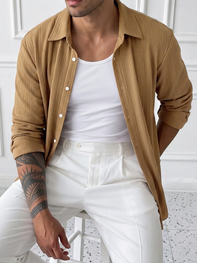 HUEFORM Men's Old Money Style Browm Vertical Textured Knit Single-Breasted  Loose Fit Shirt For Commuting, - Khaki - View 5