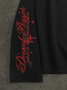 Manfinity ZONE917 Vintage Gothic Art Letter Cross Red Graphic Print Black Short Long Sleeve T-Shirt - Black - View 2