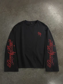 Manfinity ZONE917 Vintage Gothic Art Letter Cross Red Graphic Print Black Short Long Sleeve T-Shirt - Black - View 6