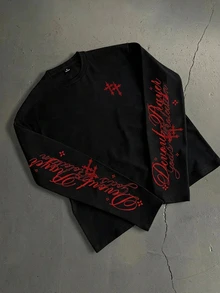 Manfinity ZONE917 Vintage Gothic Art Letter Cross Red Graphic Print Black Short Long Sleeve T-Shirt - Black - View 1