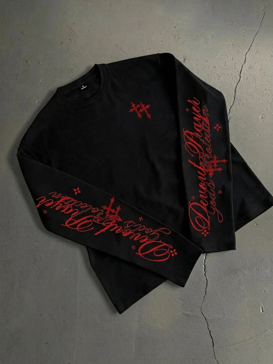 Manfinity ZONE917 Vintage Gothic Art Letter Cross Red Graphic Print Black Short Long Sleeve T-Shirt - Black - View 1