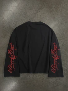 Manfinity ZONE917 Vintage Gothic Art Letter Cross Red Graphic Print Black Short Long Sleeve T-Shirt - Black - View 4