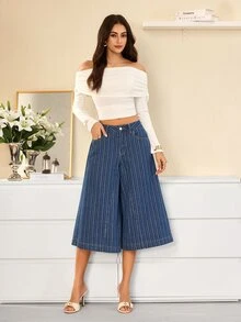 Selenza 女款休閒街頭風水洗寬腿牛仔褲 藍白條紋 早午餐穿搭 秋季 - 藍色 - 查看 6