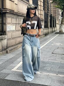 StreetHx 女款休閒 Y2K 街頭風水洗寬腿工裝牛仔褲，日常與夜生活穿搭，淺藍色，夏季 - 藍色 - 查看 8