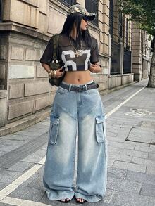 StreetHx 女款休閒 Y2K 街頭風水洗寬腿工裝牛仔褲，日常與夜生活穿搭，淺藍色，夏季 - 藍色 - 查看 5