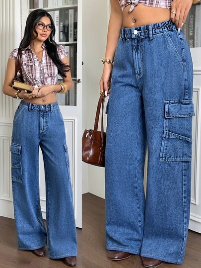 Rivivi Jeans cargo de pierna ancha lavados estilo casual urbano para mujer, azul agua, otoño, escolar