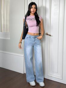 Rivivi Y2K 女款戶外街頭時尚四季大號水鑽藍色牛仔寬腿褲 - 淺色水洗藍 - 查看 7