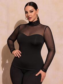 SHEIN SXY 黑色網格拼接高領長袖修身T恤 - 黑色 - 查看 5