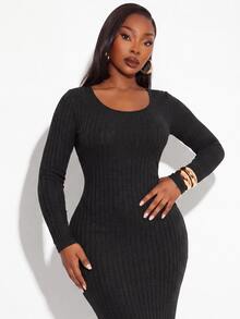 SHEIN SXY Vestido de punto acanalado sólido ajustado al Body en tallas grandes - Negro - Ver 7