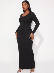 SHEIN SXY Vestido de punto acanalado sólido ajustado al Body en tallas grandes - Negro - Ver 5
