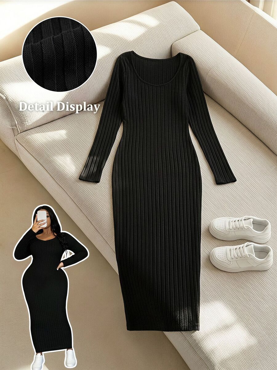 SHEIN SXY Vestido de punto acanalado sólido ajustado al Body en tallas grandes - Negro - Ver 1