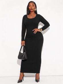 SHEIN SXY Vestido de punto acanalado sólido ajustado al Body en tallas grandes - Negro - Ver 3