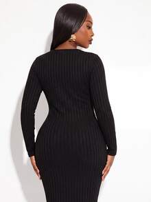 SHEIN SXY Vestido de punto acanalado sólido ajustado al Body en tallas grandes - Negro - Ver 2