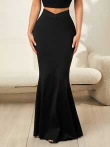 SHEIN SXY Women's Solid Color Asymmetrical Waist Elegant Long Mermaid Skirt - Black - View 4