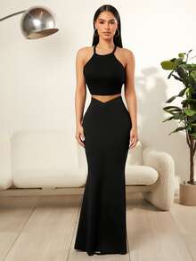 SHEIN SXY Women's Solid Color Asymmetrical Waist Elegant Long Mermaid Skirt - Black - View 7