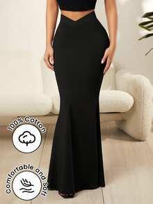 SHEIN SXY Women's Solid Color Asymmetrical Waist Elegant Long Mermaid Skirt - Black - View 3