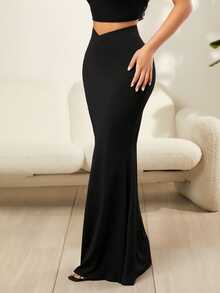 SHEIN SXY Women's Solid Color Asymmetrical Waist Elegant Long Mermaid Skirt - Black - View 8