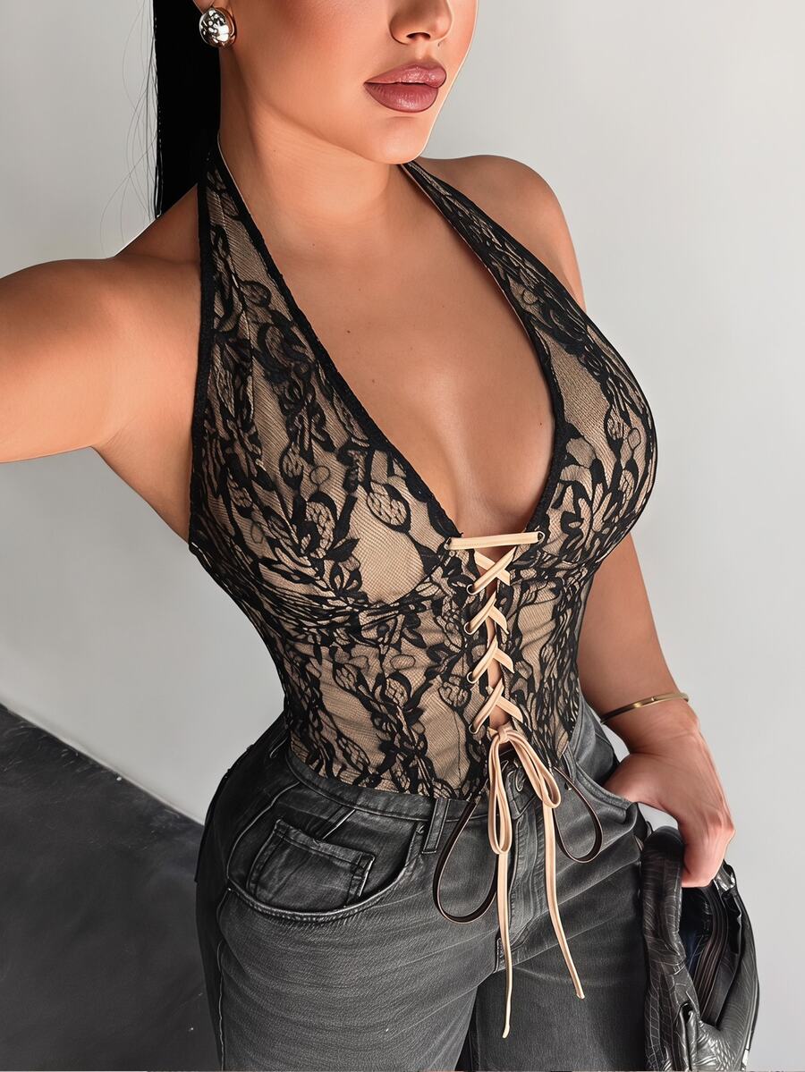 SHEIN SXY 皮革拼接動物印花性感上衣 - 黑色 - 查看 1