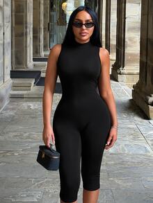 SHEIN SXY Women's Solid Color Stand Collar Fitted Casual Tank Top Jumpsuit, 3/4 Length - Black and White - View 9