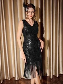 Vintamour Vintage Elegant Sequin Embroidered Tassel Hem Dress For Party And Gathering - Black - View 4