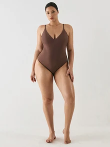YARNWELL 1 Stück einfarbiger Badeanzug Große Größen für Damen, geeignet für Strandurlaub, Poolparty und Strandparty - Braun - Übersicht 4