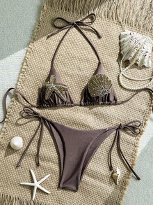 Swim Vcay Women's New Starfish & Shell Rhinestone Decor Top And Side Tie Swim Shorts High-End 2 Pieces Bikini Set - Brown - View 1