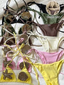Swim Vcay Women's New Starfish & Shell Rhinestone Decor Top And Side Tie Swim Shorts High-End 2 Pieces Bikini Set - Brown - View 2