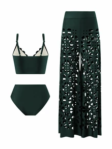SHEIN Swim 3pcs Women's Summer New Solid Color Tankini Top, High Waist Swimwear Bottom, Hollow Out Long Beach Dress, High-End Fashion Resort Bikini Set - Green - View 2