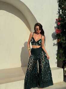 SHEIN Swim 3pcs Women's Summer New Solid Color Tankini Top, High Waist Swimwear Bottom, Hollow Out Long Beach Dress, High-End Fashion Resort Bikini Set - Green - View 11