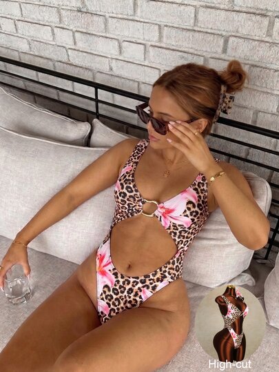 Sirith Leopard Print Floral Random Print Thick Strap Hollow Chest Fashion Hot-Selling Asymmetrical Decor Sexy Vacation One-Piece Swimsuit