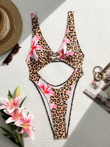 SHEIN Swim 豹紋花卉粗肩帶鏤空胸口不對稱裝飾性感熱帶度假連身泳衣沙灘派對粉色夏季 - 彩色 - 查看 5