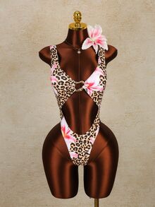 SHEIN Swim 豹紋花卉粗肩帶鏤空胸口不對稱裝飾性感熱帶度假連身泳衣沙灘派對粉色夏季 - 彩色 - 查看 3