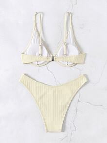 Swim Basics Women's Summer Beach Solid Color Halter Tie Sexy Bikini And Triangle Panty Swimwear Set - Apricot - View 2