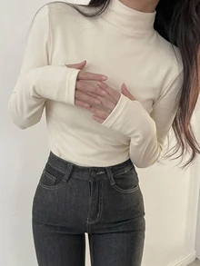 FRIFUL 女款素色立領修身百搭日常穿著長袖T恤 秋季 - 白色 - 查看 4